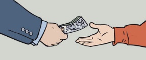 A képen két kéz látszik pénz átadása közben.