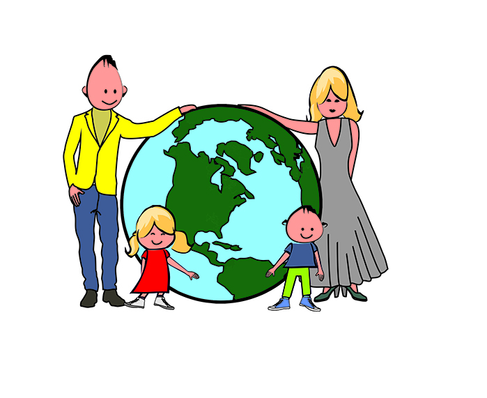 Egy földgömb körül van egy család.